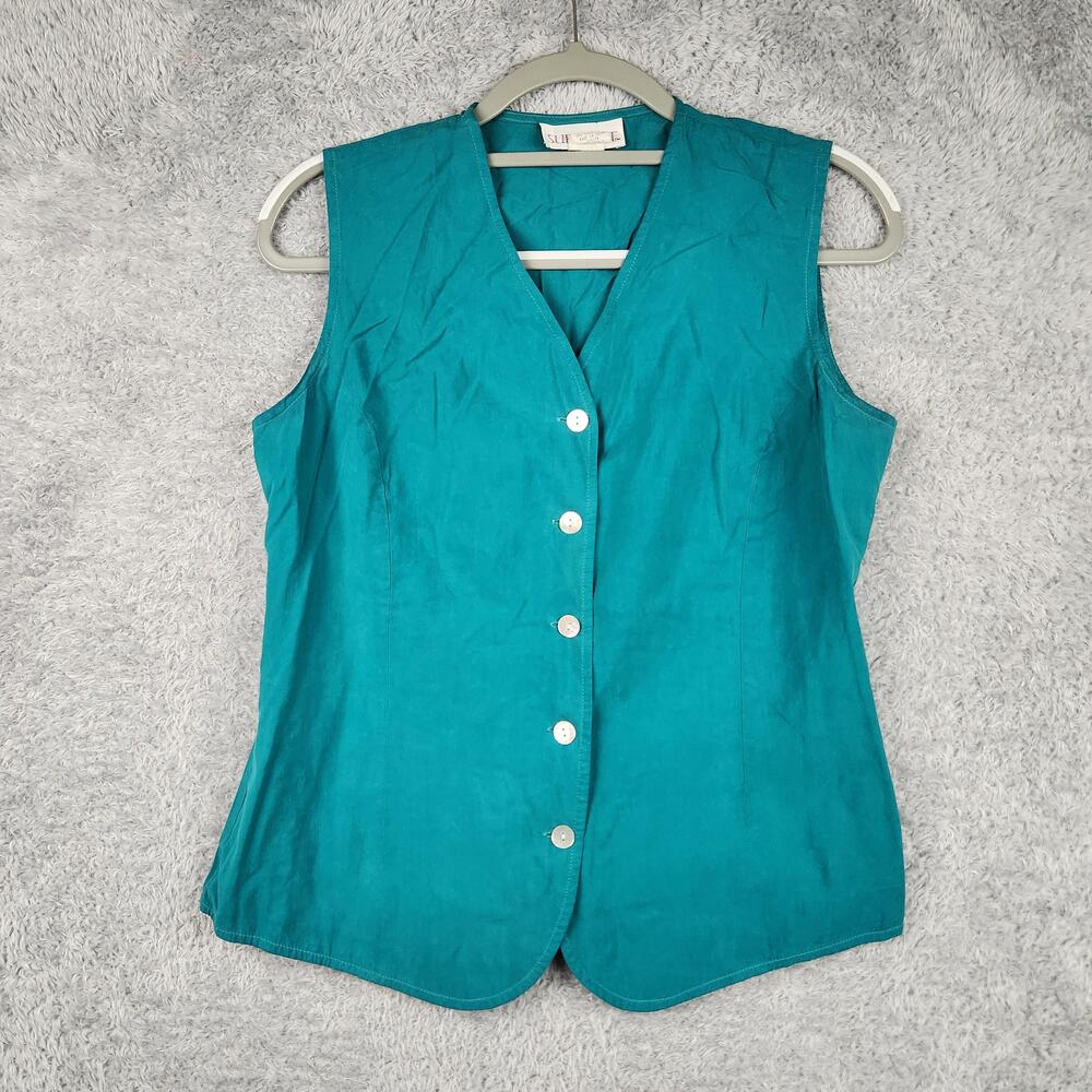 Vintage Sue Brett Blouse Womens 10 Green Silk Sleeveless V Neck Top 90s Preppy